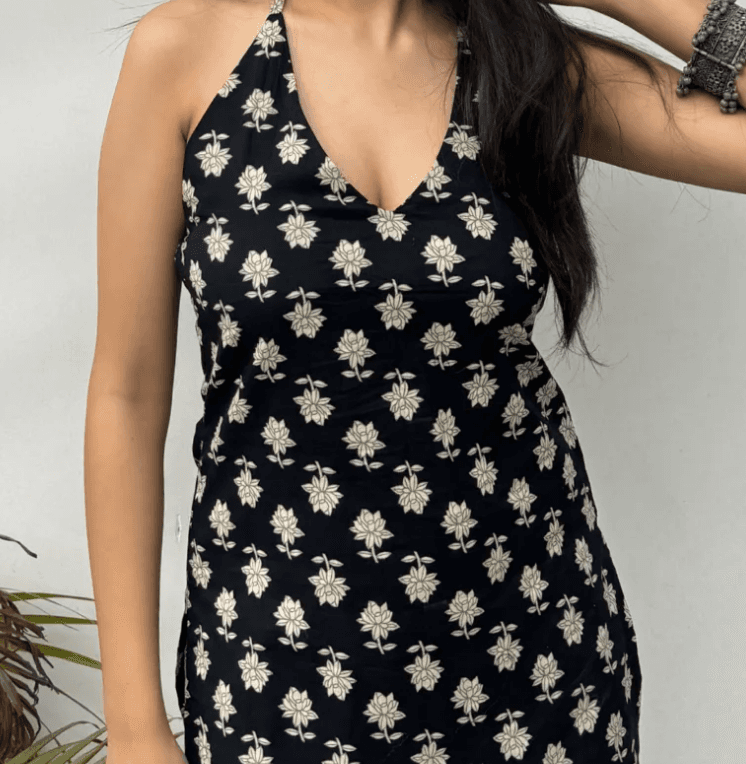 Black Lotus Halter Neck Kurti - front view