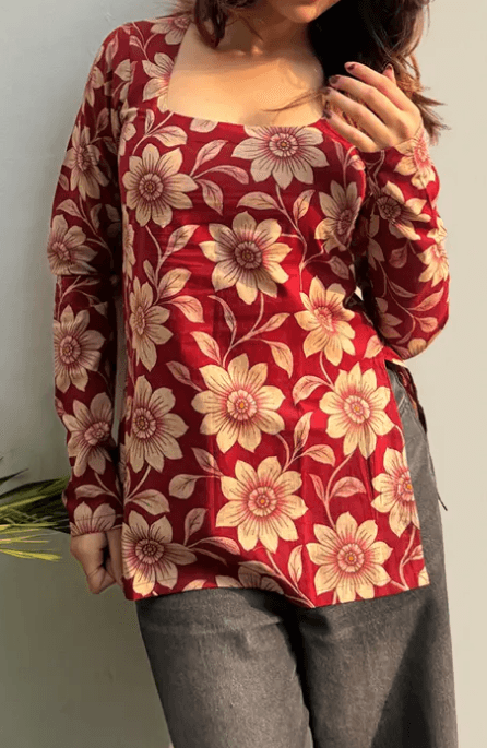 Red Floral Square Neck Kurti - front view